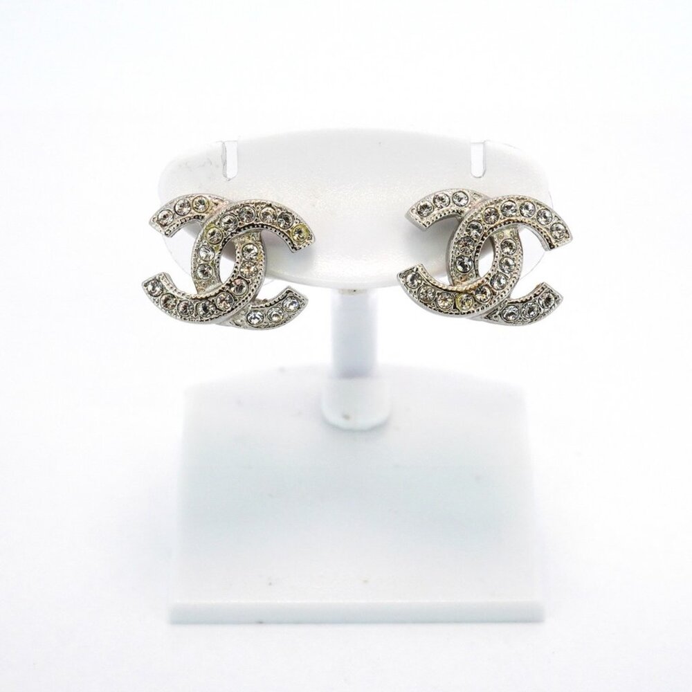 #53 CHANEL earrings Coco mark metal rhinestone silver  - AUTHENTIC - Picture 2 of 16